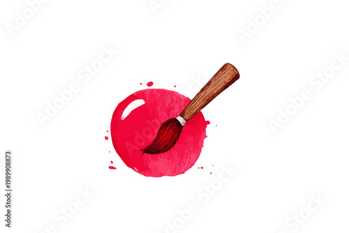 Red paint splash with wooden brush on blank canvas