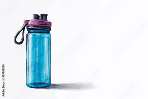 Blue reusable water bottle with purple cap on white background