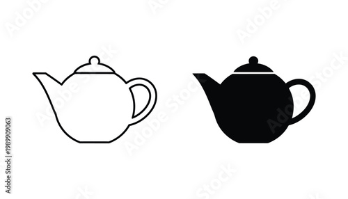 Tea pot kitchenware icon set in line and solid styles for beverage and cafe branding design elements