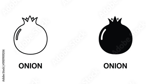 Onion vegetable icon set featuring outline and solid black vector graphic designs