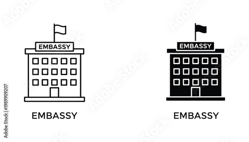 Embassy building icon set featuring administrative architecture with flag in line art and solid black silhouette styles