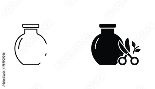 Jar with herbs icon set in line and solid styles for apothecary and natural health product branding