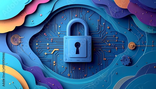Padlock on a circuit board, surrounded by colorful, layered paper cutouts