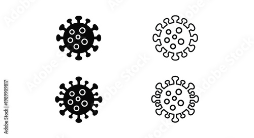 Four coronavirus cell depictions in black a striking silhouette