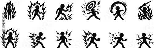Superpower vector icons set featuring human silhouettes with magical energy and combat fighting effects