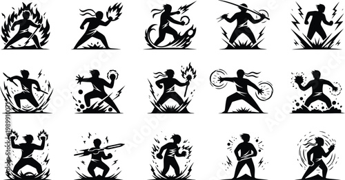 Ninja fighter vector icons set featuring martial arts action poses and magical elemental powers