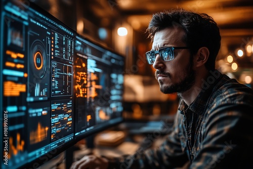 IT Professional Analyzing Cyber Security Data and Code on Multiple Monitors in Dark Office