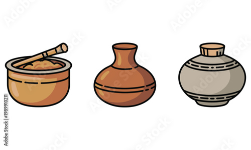 Vector illustration of three clay pots and bowl with mortar on white background