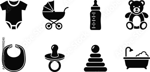 Baby care vector graphic illustration set of essential items for newborns.