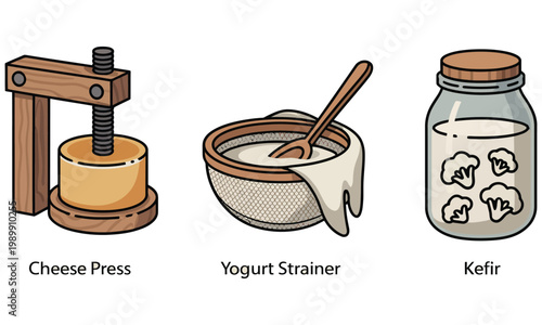 Illustration of cheese press, yogurt strainer, and kefir jar on white background