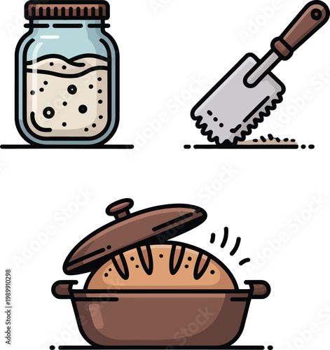 Cartoon illustration of bread baking ingredients and utensils on white background