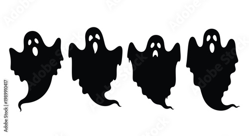 Four spooky halloween ghosts in a simple black silhouette