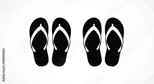 Four pairs of black flip flops arranged on a white background silhouette