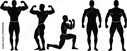 Bodybuilder silhouette vector set featuring muscular male figures in various athletic posing stances illustration