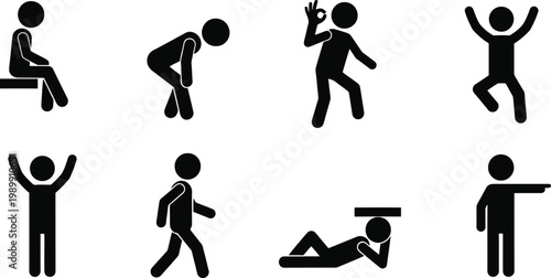Stick figure icons set showing various human body poses and basic daily actions