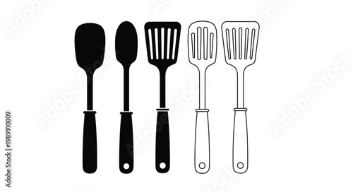 Kitchen utensils displayed in a contrasting black and white silhouette