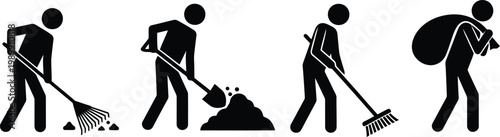 Vector illustration of diverse cleaning and manual labor tasks performed by stick figures.