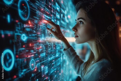 Young Woman Interacting with a High Tech Digital Interface for Advanced Data Analysis and Innovation
