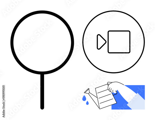 Search functionality, video streaming, online creativity, digital media, learning resources, interactive tools. A magnifying glass, video play button and watering can. Search functionality and video