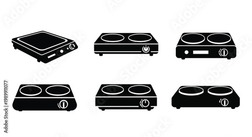 Various electric stovetop cookers displayed in a stark black silhouette
