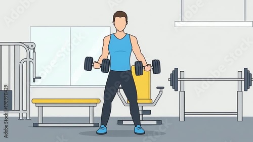 Man performing dumbbell biceps curls in a modern gym setting. Fitness and active lifestyle concept. Strength training for health and wellness. Animated flat design illustration