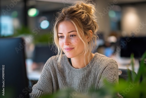 Young Professional Woman Working Concentrated on Computer Screen in Modern Open Plan Office Environment