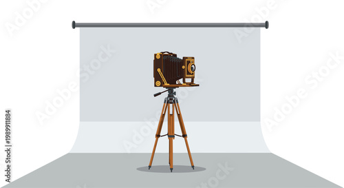 A meticulous vintage wooden large format bellows camera stands firmly on a matching tripod within a professional photography studio with white backdrops.