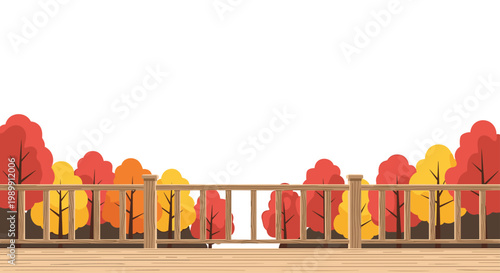A light brown wooden balcony railing stretches across the foreground overlooking a vibrant row of red and yellow autumn trees under bright white skies.
