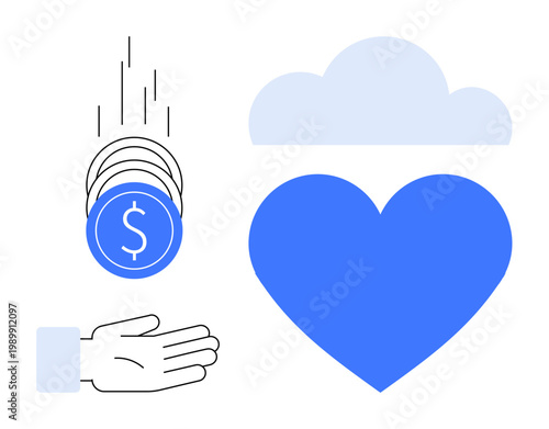 Charity, donations, financial support, generosity, nonprofit organizations, care. Coins dropping into a hand, a blue heart and a cloud. Charity and donations