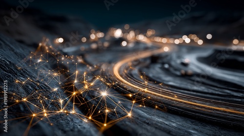 Abstract digital network connection with golden light trails on dark rocky landscape, futuristic technology concept