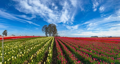 Wallpaper Mural A panorama image of a Field of various colored spring blooming tulips with a blue sky and clouds; mostly red and yellow tulips Torontodigital.ca