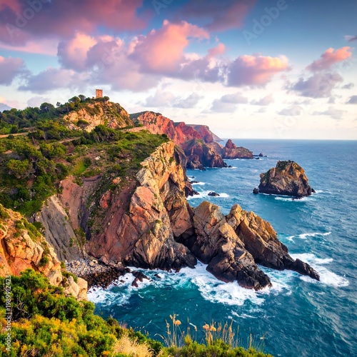 Rocky coastline with tower atop cliffside, meeting turquoise sea under vibrant, pastel-colored sky