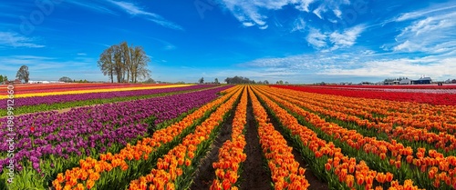 Wallpaper Mural A panorama image of a Field of various colored spring blooming tulips with a blue sky and clouds; mostly orange and purple tulips Torontodigital.ca