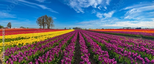 Wallpaper Mural A panorama image of a Field of various colored spring blooming tulips with a blue sky and clouds; mostly yellow and purple tulips Torontodigital.ca
