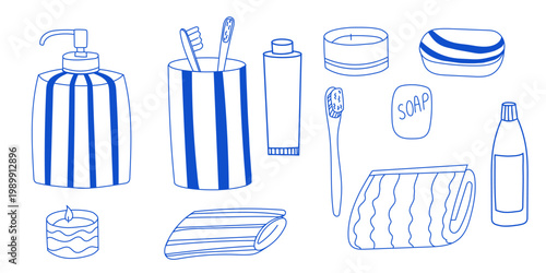 Doodle set with bath accessories. Linear blue illustration of bucket, soap, towels, shampoo and candle, toothbrush, toothpaste, shampo and other element