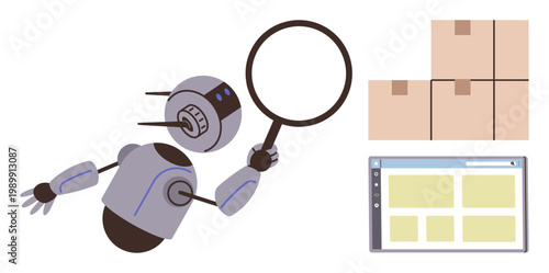 Logistics, e-commerce, automation, technology, artificial intelligence, supply chain. Robot examining boxes with magnifying glass and web page. Logistics and e-commerce concept