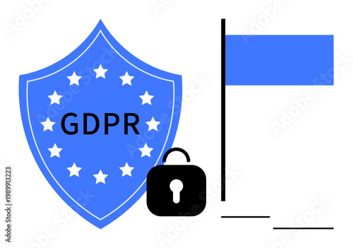 Data privacy, cybersecurity, GDPR compliance, data protection, information security, data governance. Shield labeled GDPR, padlock flag. Data privacy and cybersecurity concept