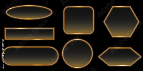 Set Neon yellow light glow 3d frame buttons design and clear call action contrast, flat vector with oval, circle, pile etc. 