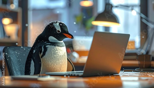 Penguin sits at a desk, working on a laptop in a snowy indoor setting
