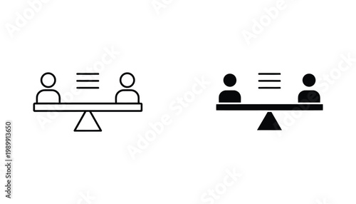 Team equality and balance icon set featuring two people on a seesaw with a balance scale symbol in outline and solid black styles for fair HR management and workplace equity graphic design elements