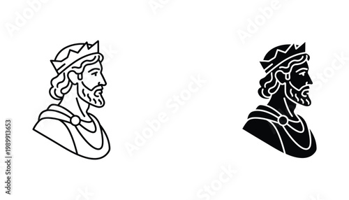 Professional king profile icon set featuring bearded monarch with crown in outline and solid black graphic styles for royalty leadership and historical fantasy themed UI interface elements and logos