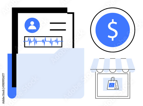 Financial management, payment systems, online shopping, identity, business organization, data security. Folder with documents, dollar symbol shop icon. Financial management and payment systems