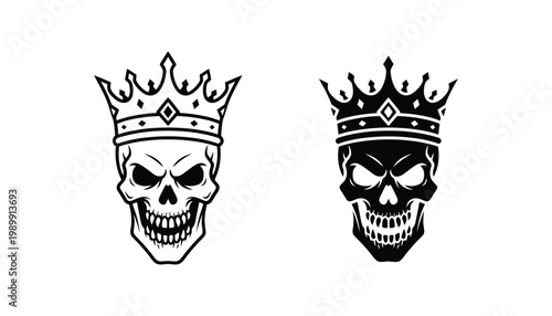 Evil king skull wearing a spiked crown icon set in outline and solid black graphic styles for dark fantasy gaming branding and gothic character design elements for digital media or print projects