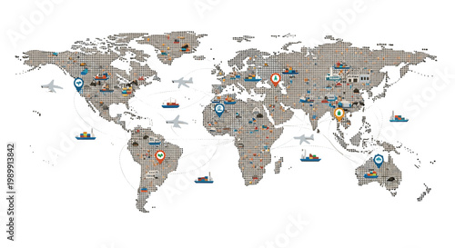 A global world map constructed from small grey dots features numerous colorful logistics icons including cargo ships and airplanes connected by faint curved flight paths.