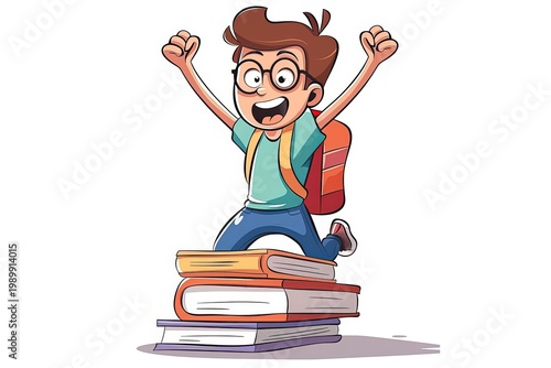 A joyful schoolboy celebrates on top of a stack of books, representing academic success and knowledge.