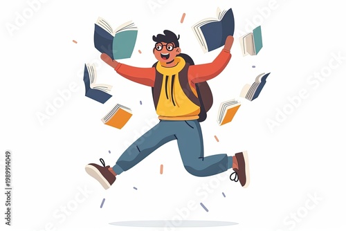 A joyous student jumps high, surrounded by flying books, capturing the delight of learning and a passion for education.