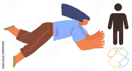 Human relations, teamwork, problem-solving, support, inclusivity, understanding. Person reaching toward abstract figure with puzzle pieces. Human relations and teamwork concept