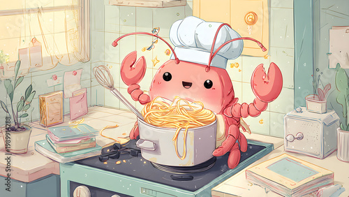 Cute chibi-style lobster wearing a tiny chef's hat, happily cooking pasta in a miniature kitchen, cartoonish exaggerated expressions, soft pastel colors, playful and whimsical illustration (4)_x16_1