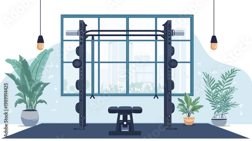 A modern home gym interior, featuring weight rack, bench, potted plants, and light fixtures