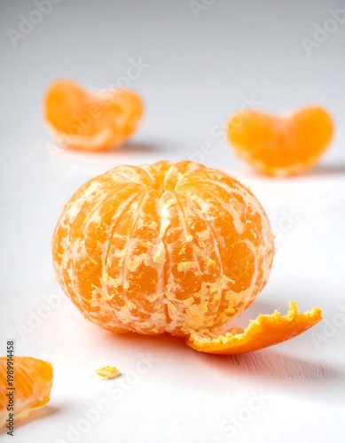 Peeled mandarin orange with segments on white. Light, bright, and fresh. Simple still life